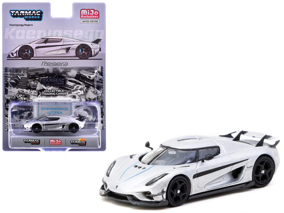 Koenigsegg Regera Silver Metallic with Blue Accents and Collectible Tarmac Cards "Global64" Series 1/64 Diecast Model Car by Tarmac Works