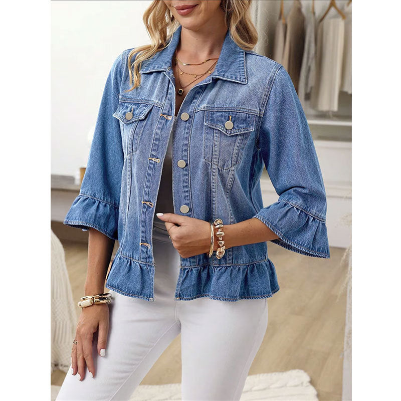 Exclusive Cross-border Supply Of Ruffled Denim Jacket For Women, Cropped Jean Jacket With Bell Sleeves, Sweet Style Outerwear